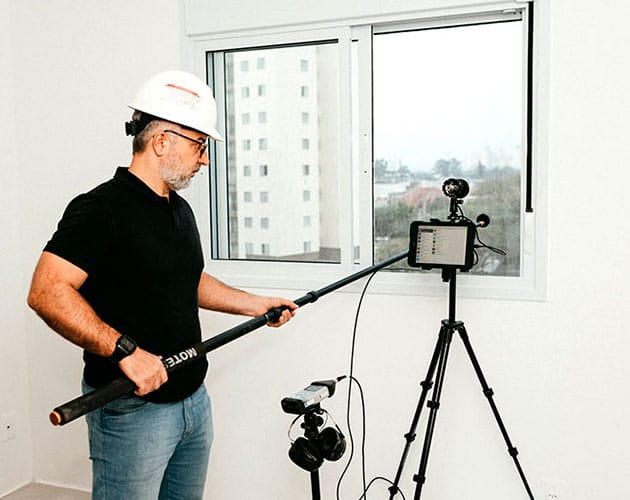 Medição acústica com sonômetro profissional no campo